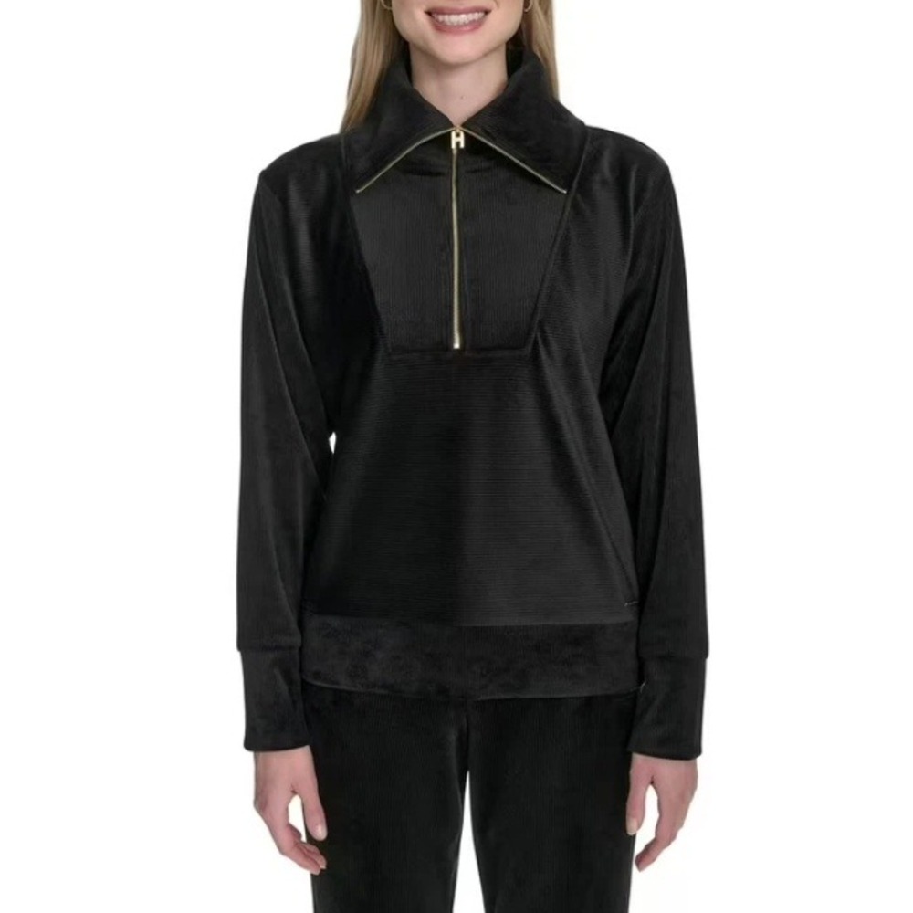 Halston Black Velour Velvet Corduroy Tracksuit Loungewear Sporty Sweatshirt M